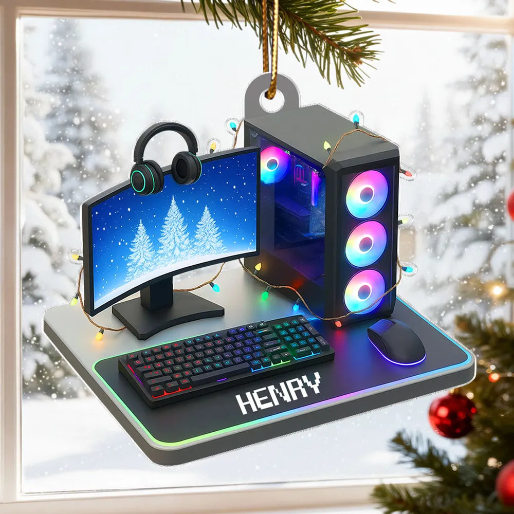 Custom Name Gaming Setup Acrylic Ornament with RGB PC & Keyboard, Cozy Holiday Decor, Creative Gift for Teen Gamer