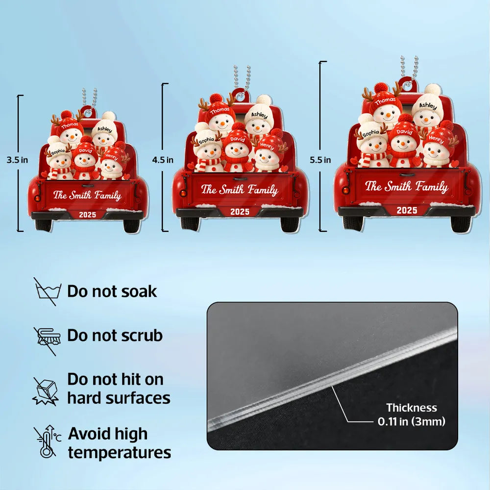 Christmas Acrylic Ornament with Snowman Family in Red Truck, Festive Holiday Décor for Tree & Home
