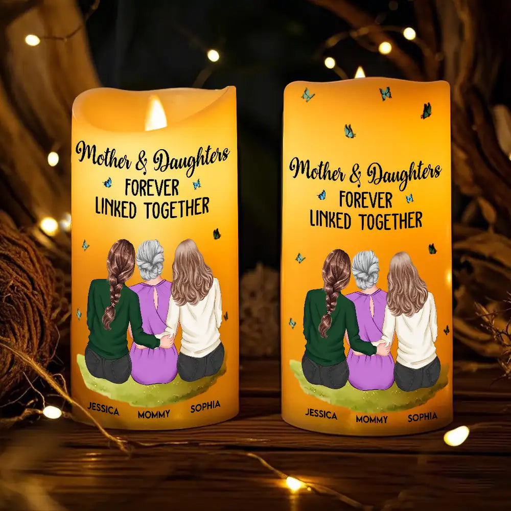 Flameless LED Candle – Mother & Daughter Back‑Hug Art, “Forever Linked Together” Personalized Light
