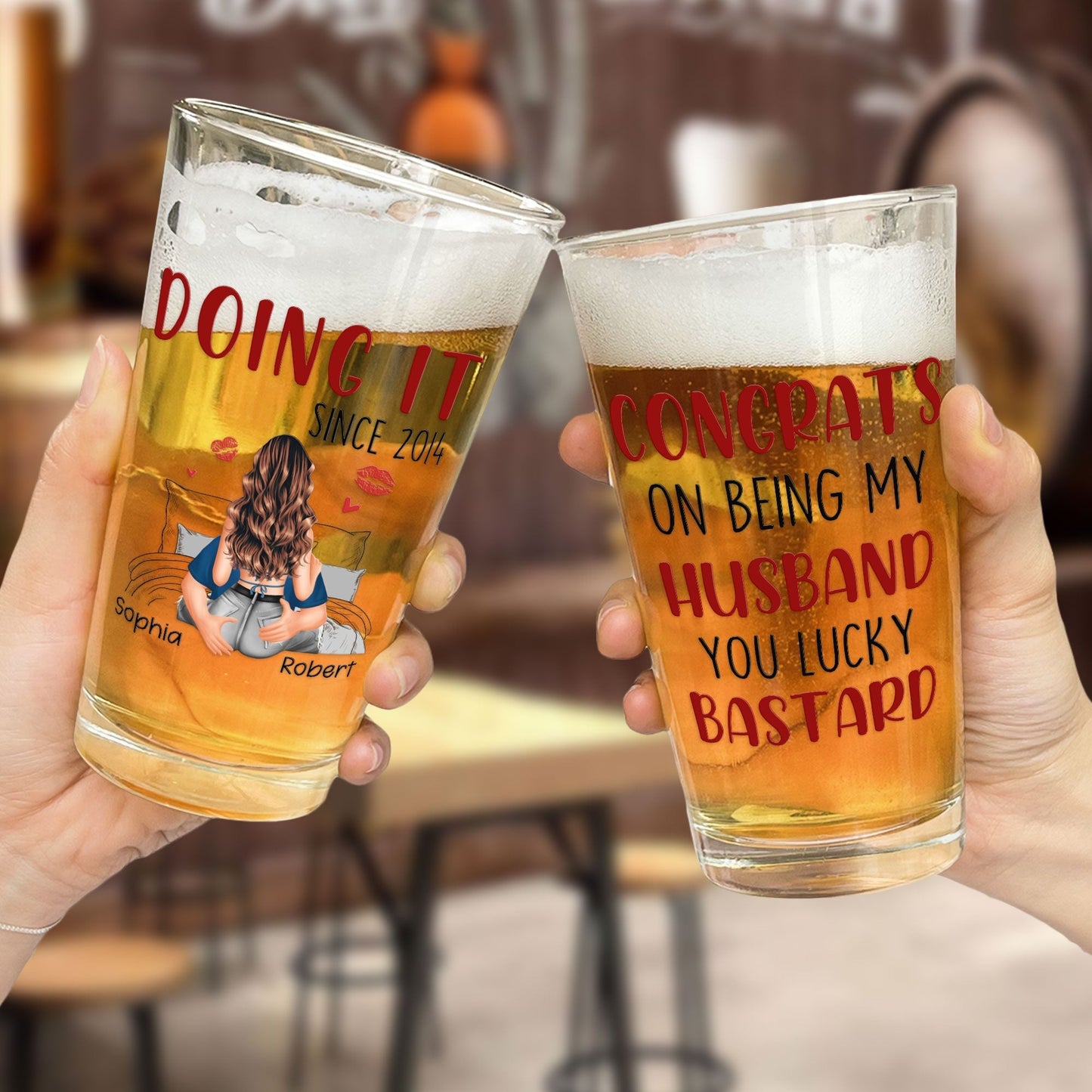 Congrats On Being My Husband Personalized Beer Glass, Cheeky Love Quote Gift For Him With Heart And Kiss Marks