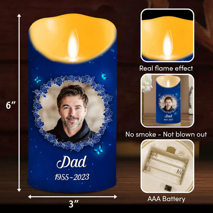 Personalized Flameless LED Candle Memorial Gift, Blue Butterfly Night Glow, Comforting Keepsake for Family