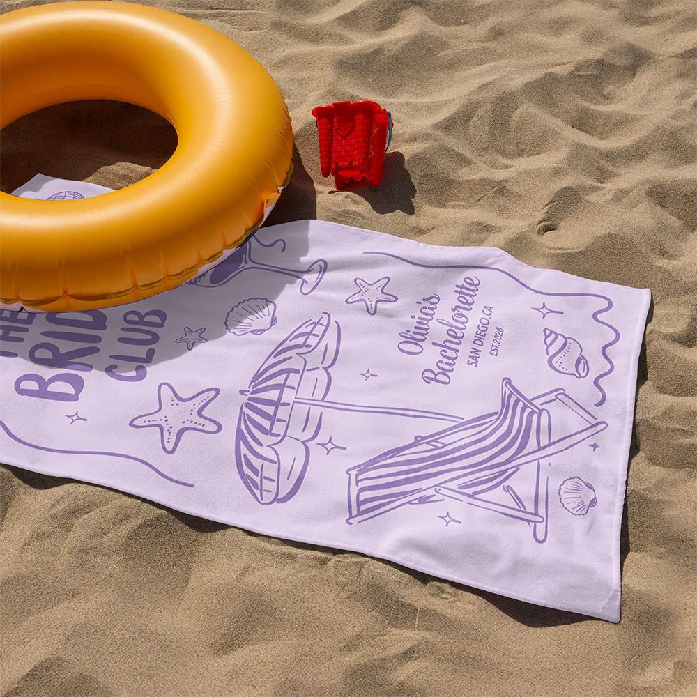 Personalized Beach Towel The Bride Club, Custom Girls Trip Poolside Gift with Retro Beach Icons for the Bride Squad