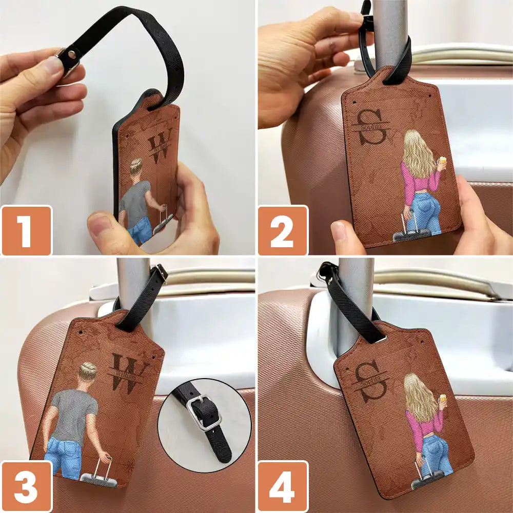 2 Leather Luggage Tag Personalized Set, Matching Couple Rolling Suitcase Design for Cruises and Trips, Thoughtful Gift