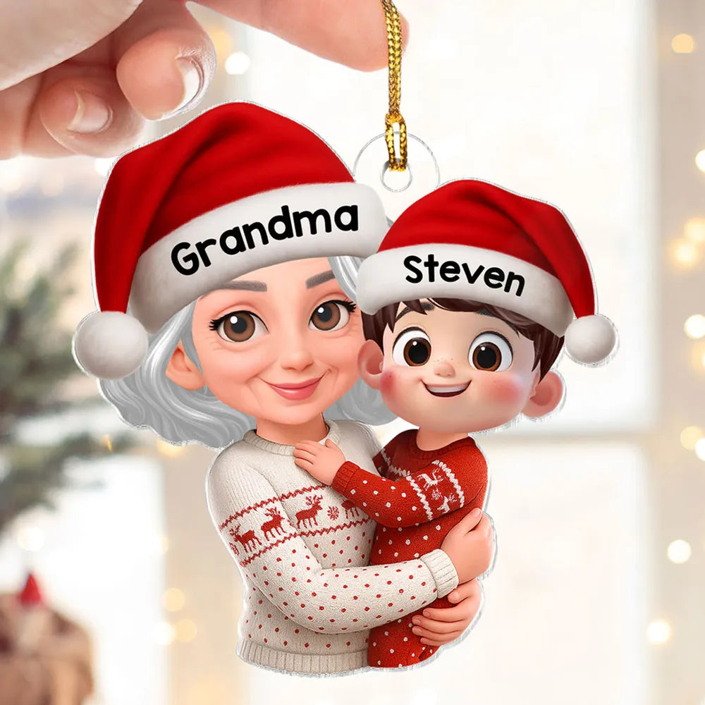 Christmas Acrylic Ornament - Grandma Hugging Grandkid in Santa Hats, Cute Cartoon Tree Decor, a Unique Gift for Family