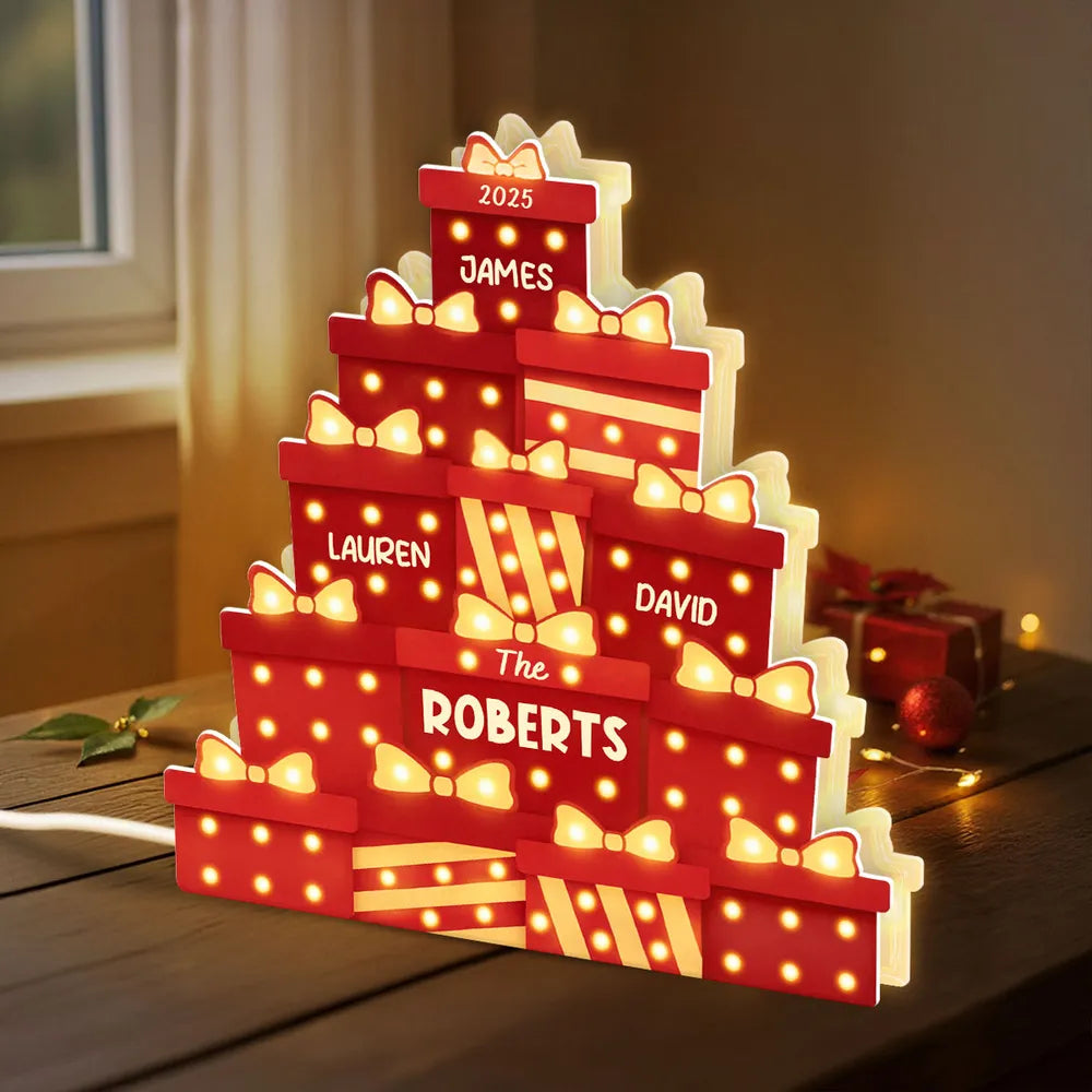 Christmas Acrylic Light Box with Marquee Gift-Box Tree, Warm Glow, Personalized, Unique Gift for Family & Friends