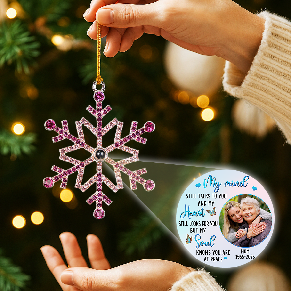 Personalized Photo Projection Ornament for Mom Remembrance – Snowflake Keepsake, Comforting Holiday Gift with Heartfelt Message