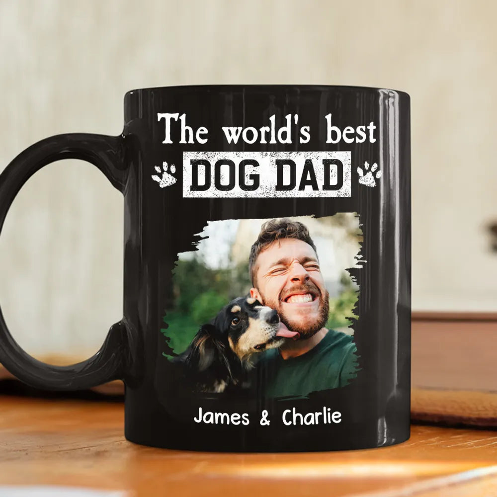 World's Best Dog Dad Mug - Custom Full Color Photo, outdoor lick moment, cozy coffee joy, unique gift for Dad