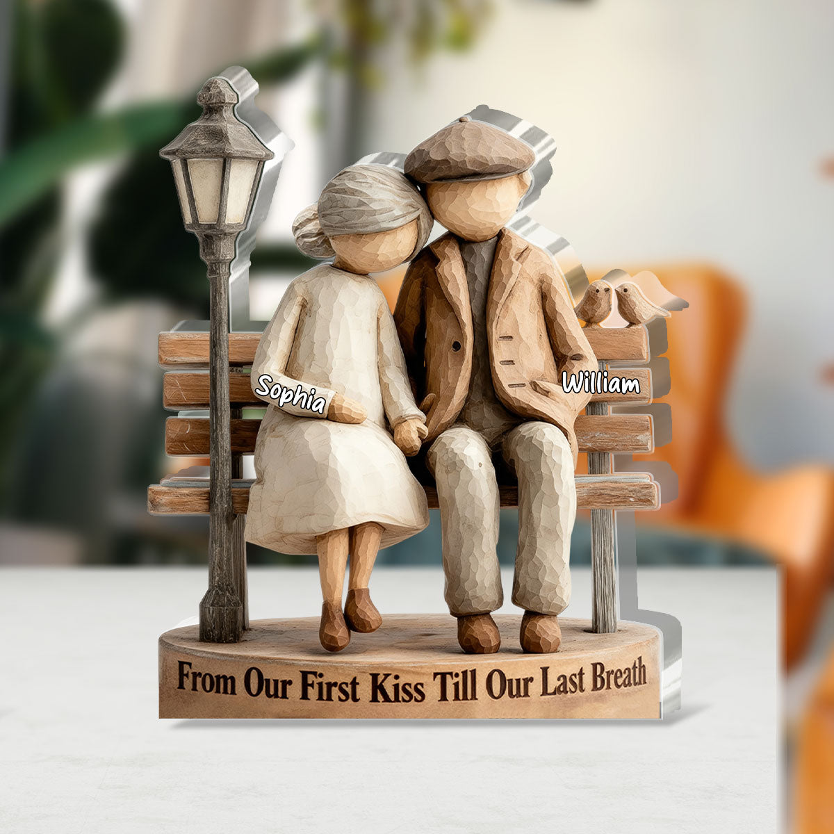 Personalized Shaped Acrylic Block Plaque Couple on Bench, From Our First Kiss Quote, Unique Romantic Gift for Wife or Husband