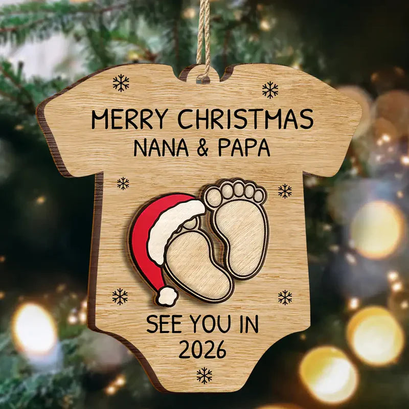 Custom Baby Announcement 2-Layer Wooden Ornament – Onesie Shape with Tiny Footprints – Adorable Nursery Decor and Creative Holiday Gift for Mommy and Daddy