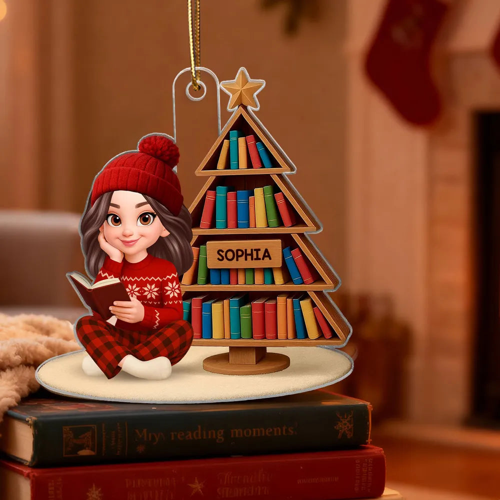 Book Lover Girl Acrylic Ornament – Cozy Holiday Gift for Readers, Festive Tree Decoration