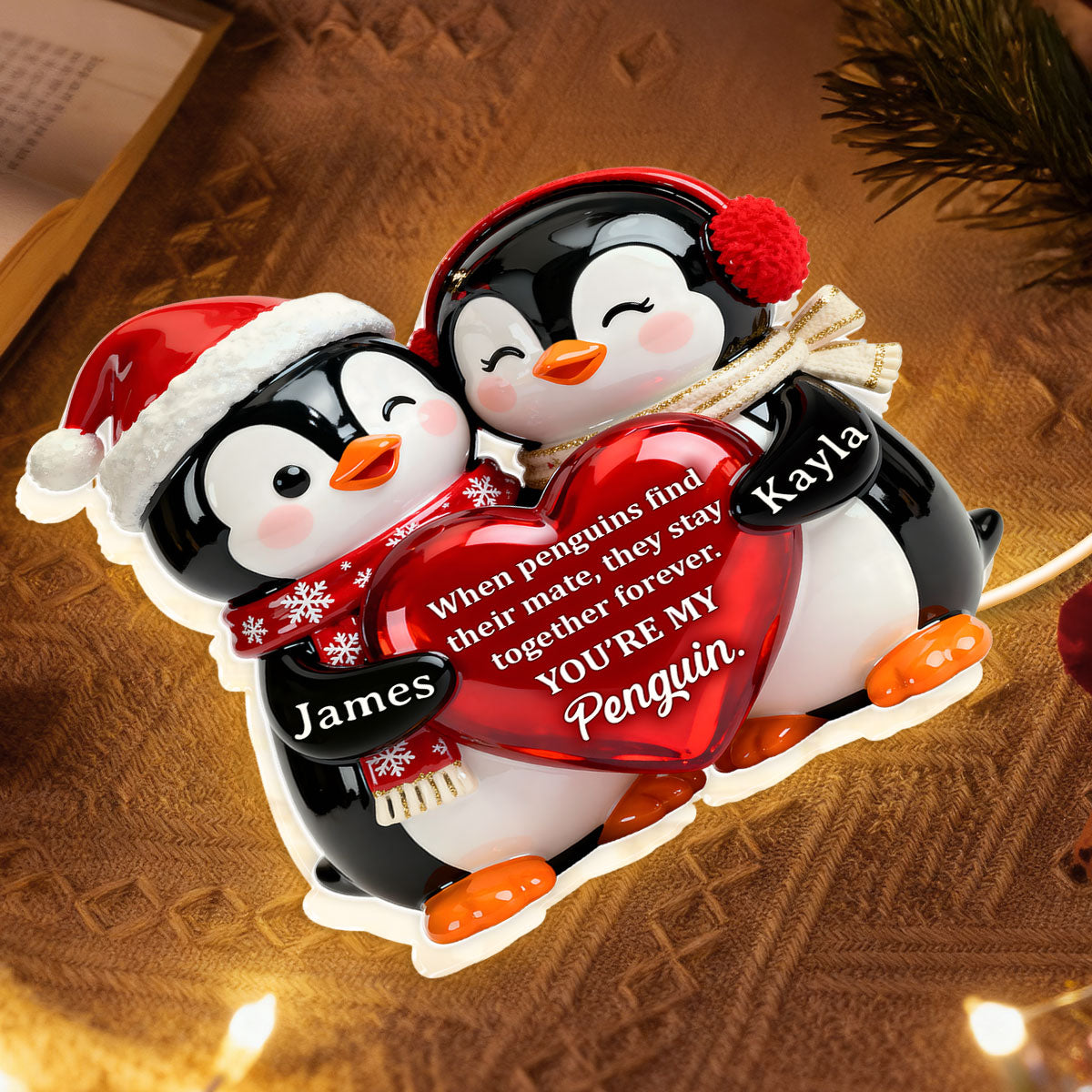 Personalized Acrylic Light Box with Cute Penguin Couple, Romantic Soft Glow Keepsake, Unique Gift for Your Partner