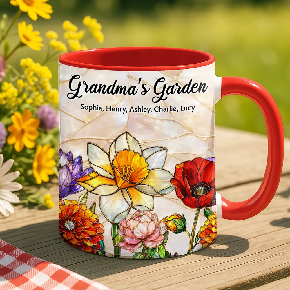 Personalized Grandma's Garden Stained Glass Style Mug, Floral Keepsake for a Unique Gift for Grandma or Mom