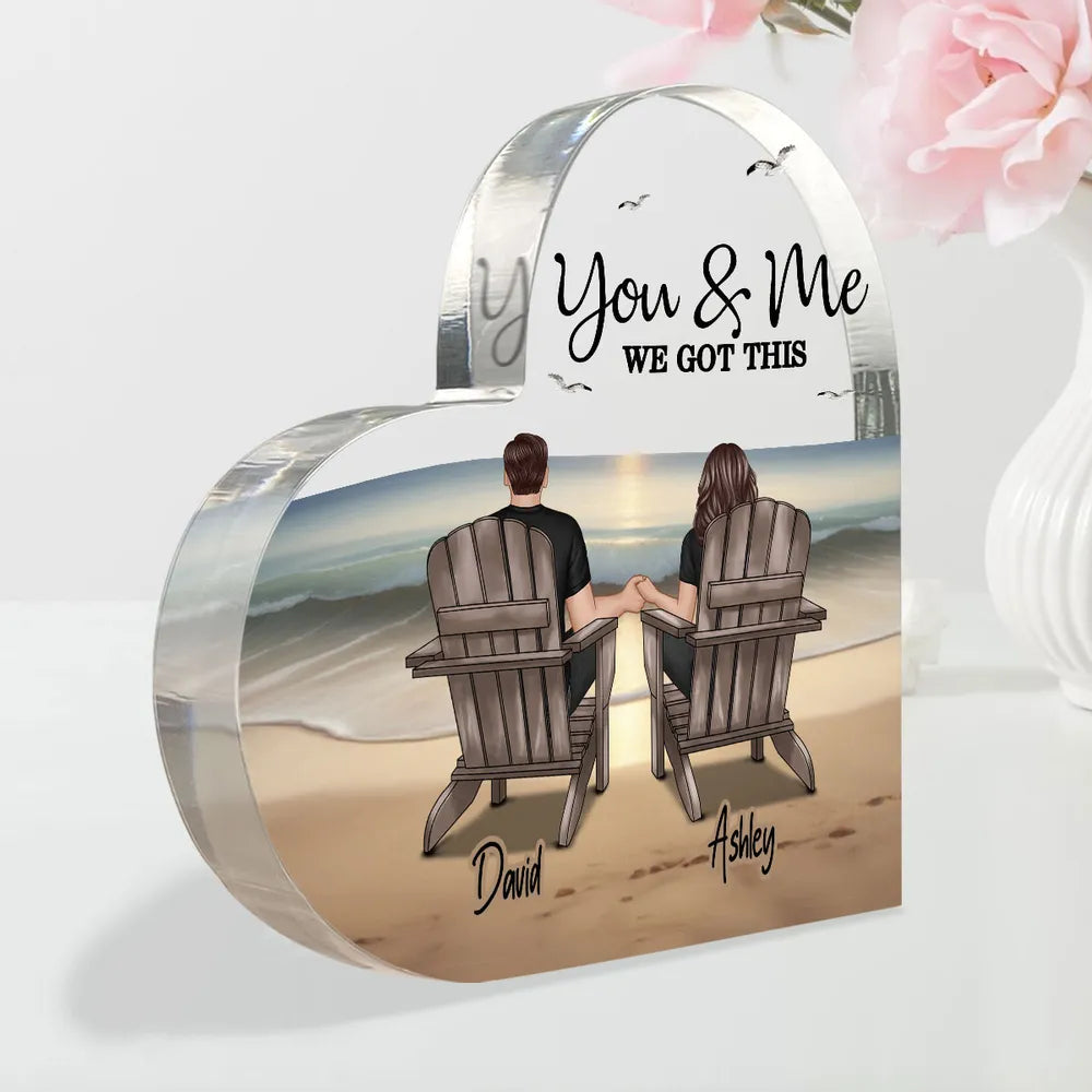 Heart Acrylic Block Plaque with You & Me Couple Back View on Beach, High Clarity, Romantic Keepsake Gift