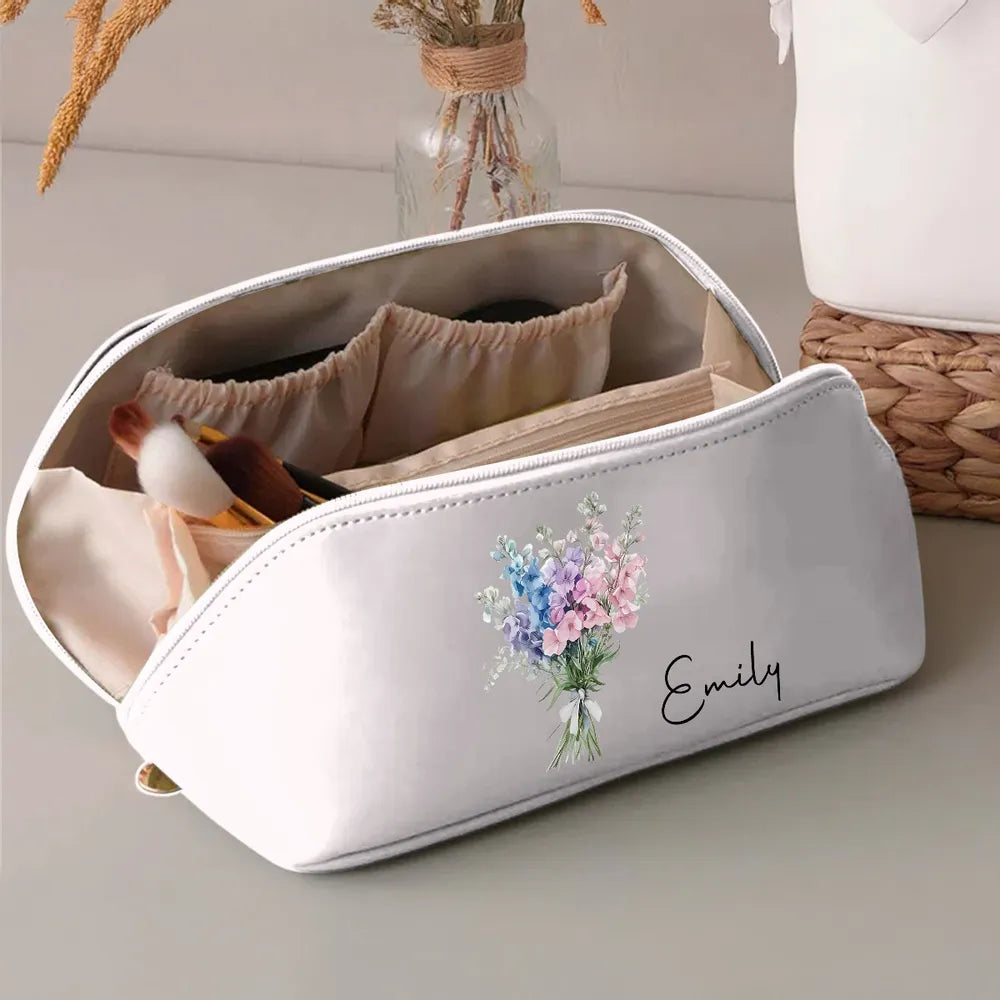 Personalized Leather Makeup Bag with Purple Florals, Custom Gift for Her & Stylish Travel Organizer