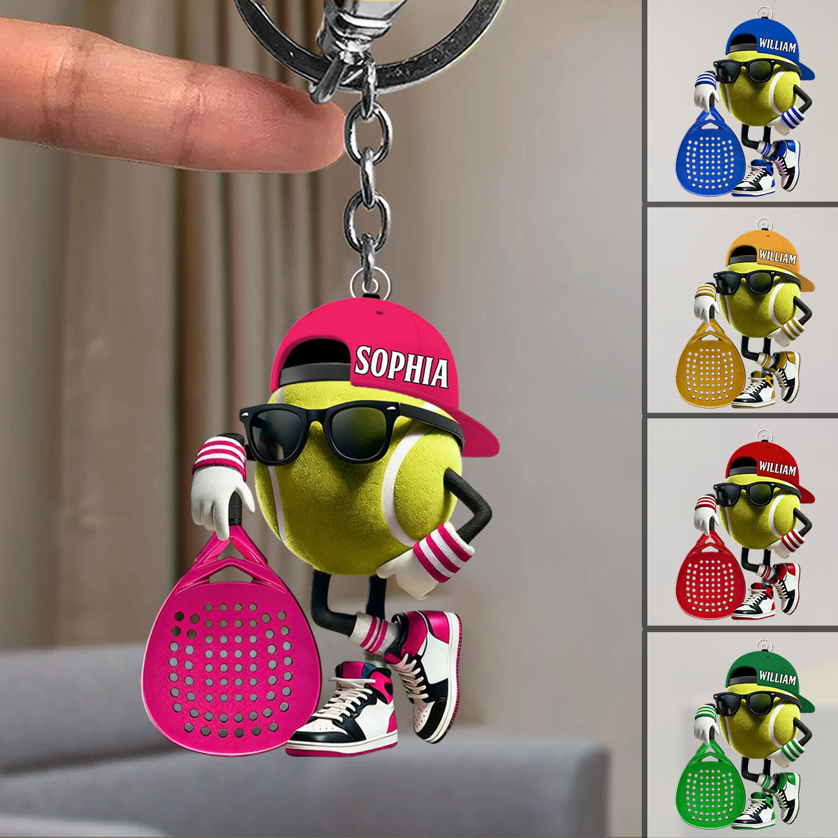 Personalized Padel Acrylic Keychain Cute Tennis Ball Character with Sunglasses and Cap - Unique Gift for Sports Fans