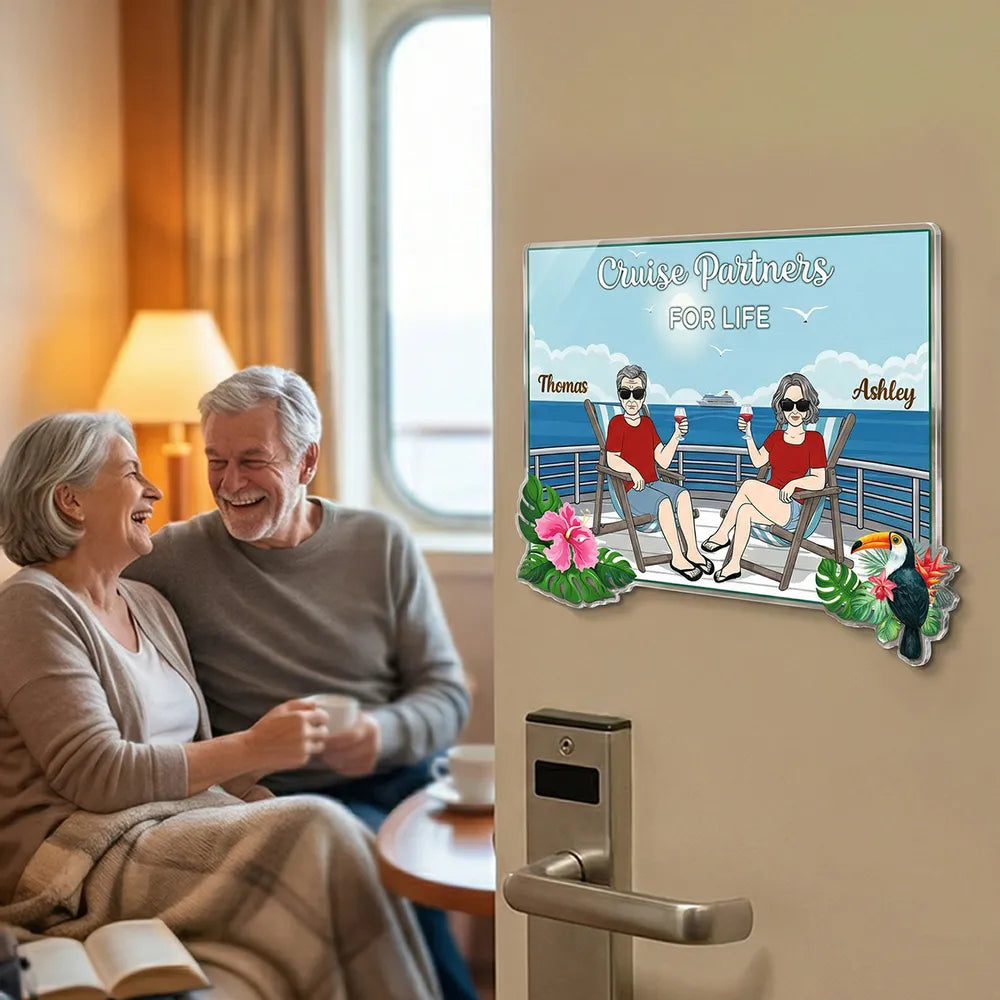 Personalized Acrylic Magnet Cruise Partners For Life, Relaxing Couple on Deck, Unique Cruise Door Gift