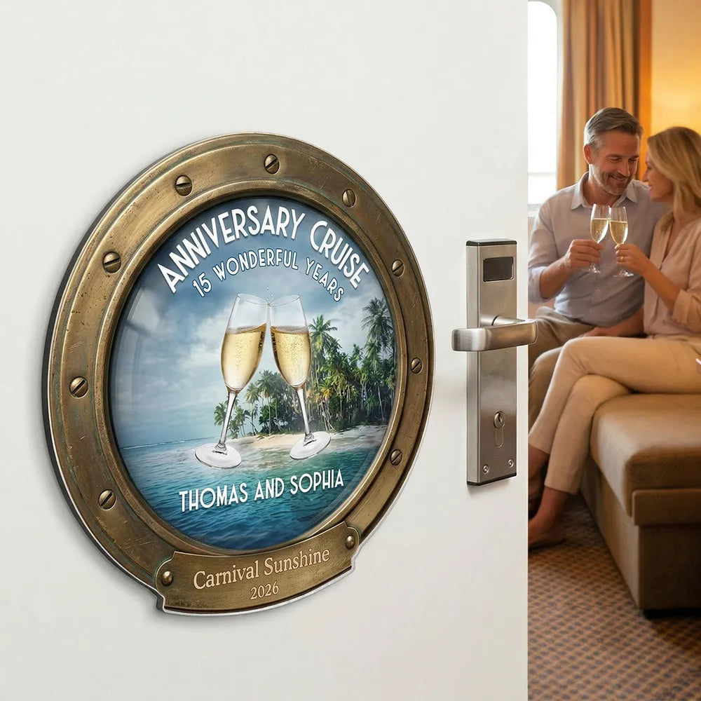 Personalized Anniversary Cruise Acrylic Magnet, Champagne Toast Beach Scene, Unique Couple Gift for Cabin Door