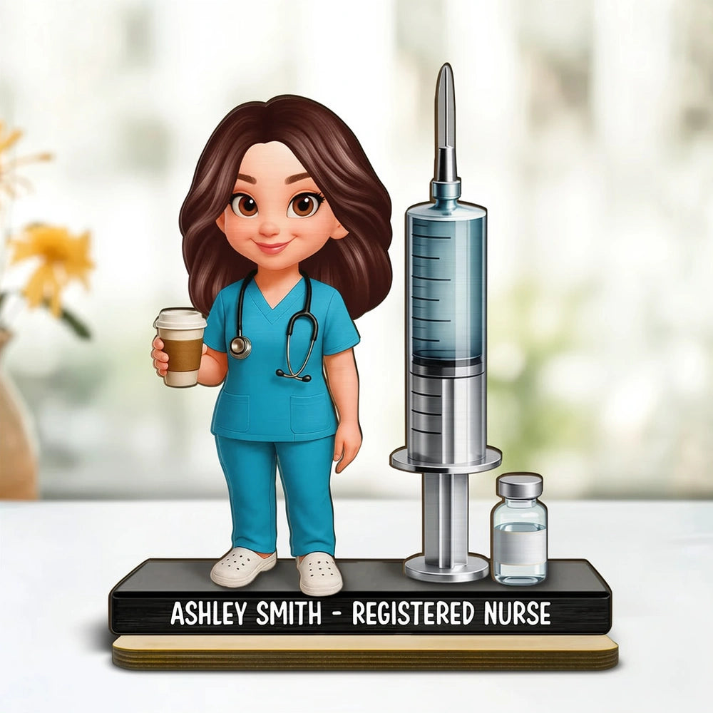 Personalized 2-Layer Wooden Plaque Nurse Figurine with Scrubs & Stethoscope - Unique Gift for Nurses