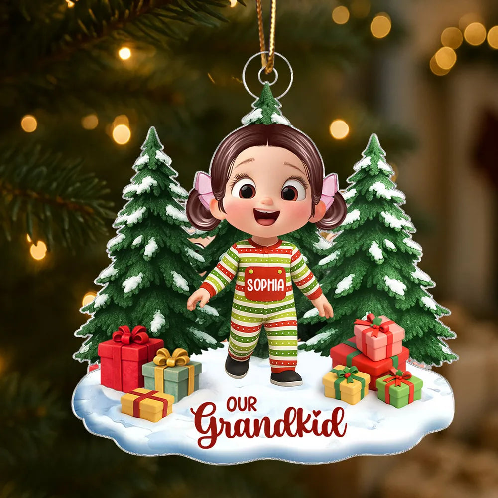 Personalized Acrylic Ornament with Cute Cartoon Grandkid, Festive Christmas Trees & Gifts, Unique Holiday Gift for Grandma & Grandpa