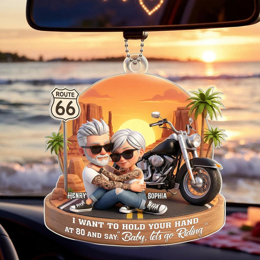Acrylic Car Hanger Personalized Romantic Road Trip Scene Baby Let's Go Riding Quote - Cute Car Mirror Decor Gift for Couples
