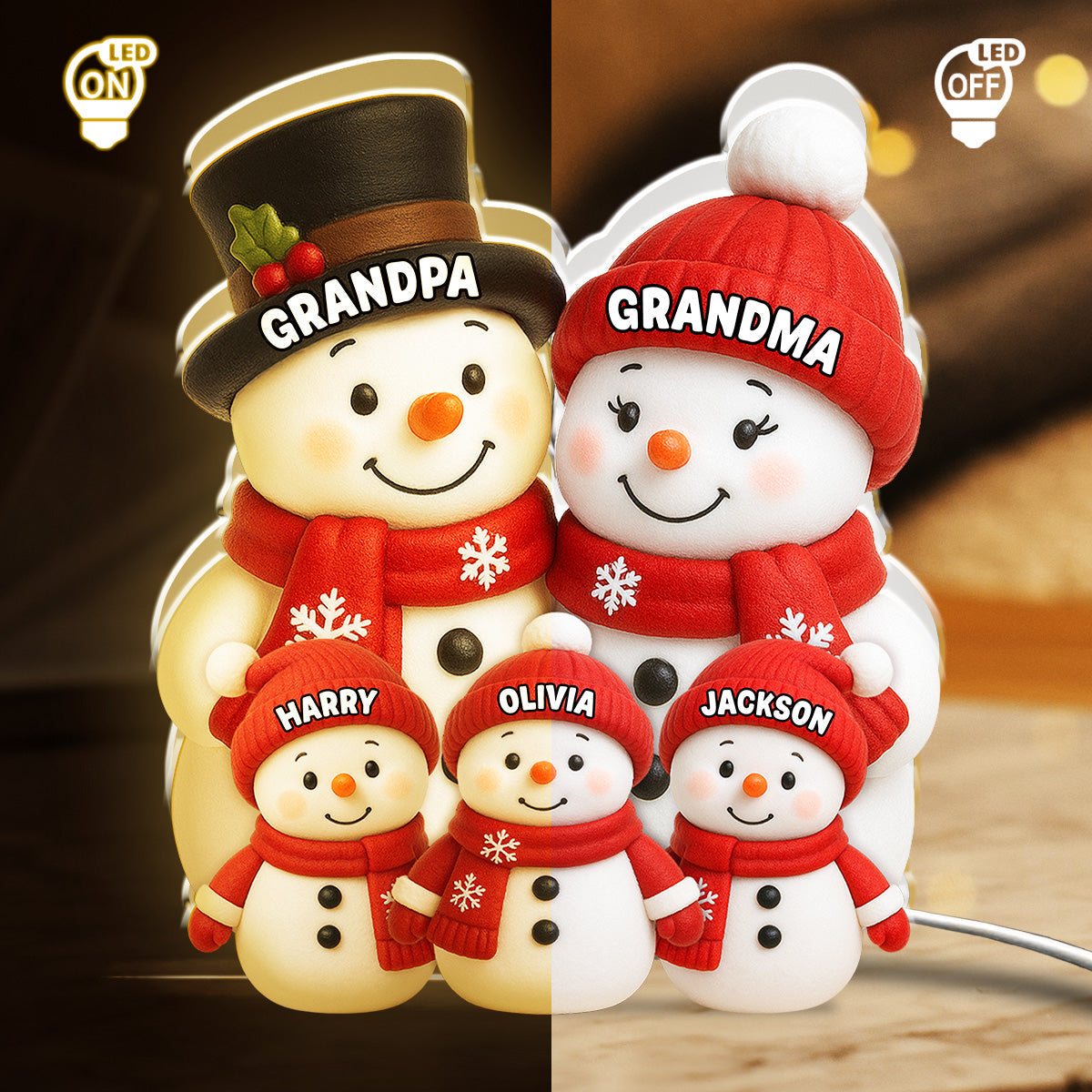 Acrylic Light Box Snowman Grandkids Design, Personalized, Warm Holiday Glow, Cozy Decor, A Unique Gift for Grandparents