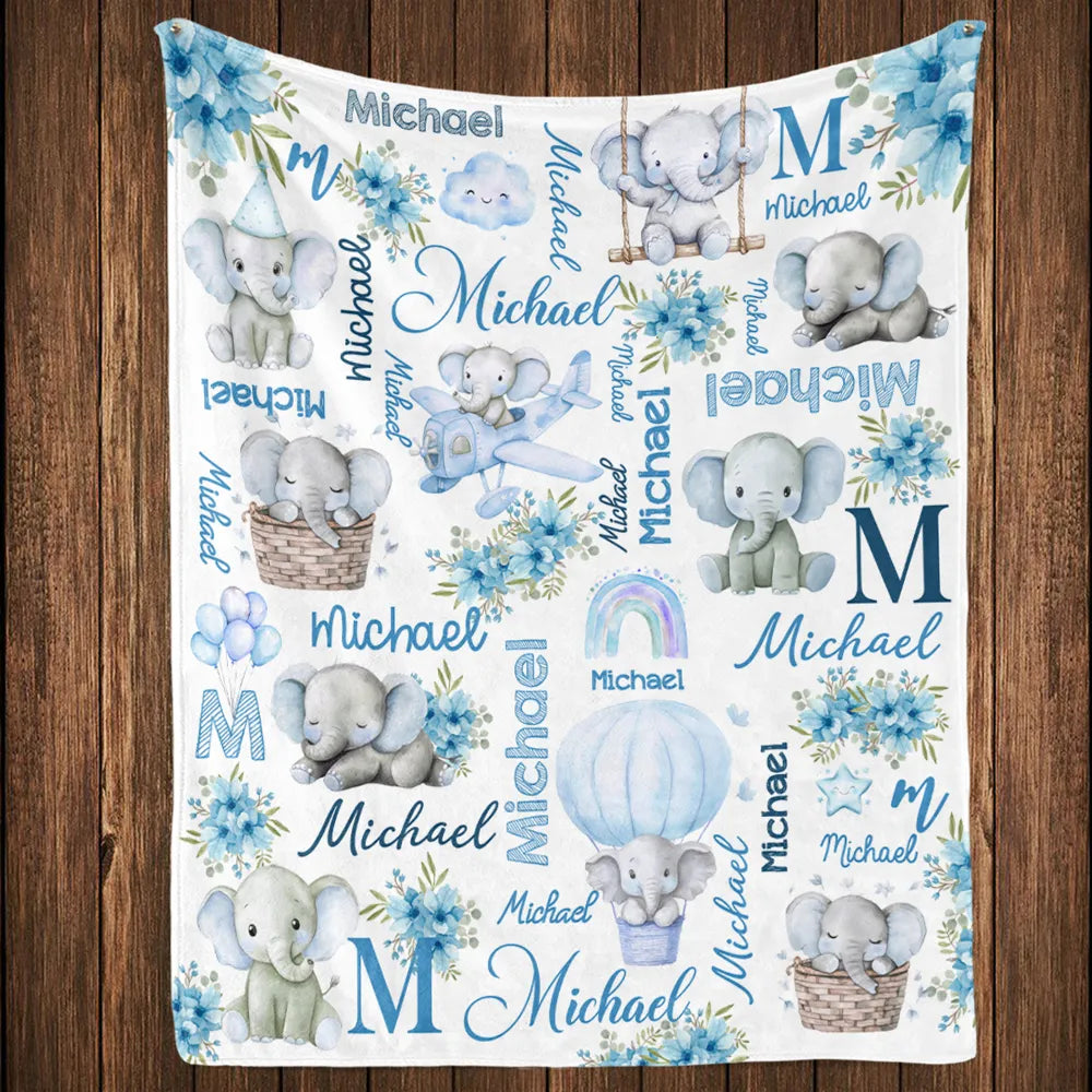 Custom Name Baby Fleece Blanket with Cute Pink Elephant Illustrations, Lightweight Cozy Throw, Adorable Personalized Gift