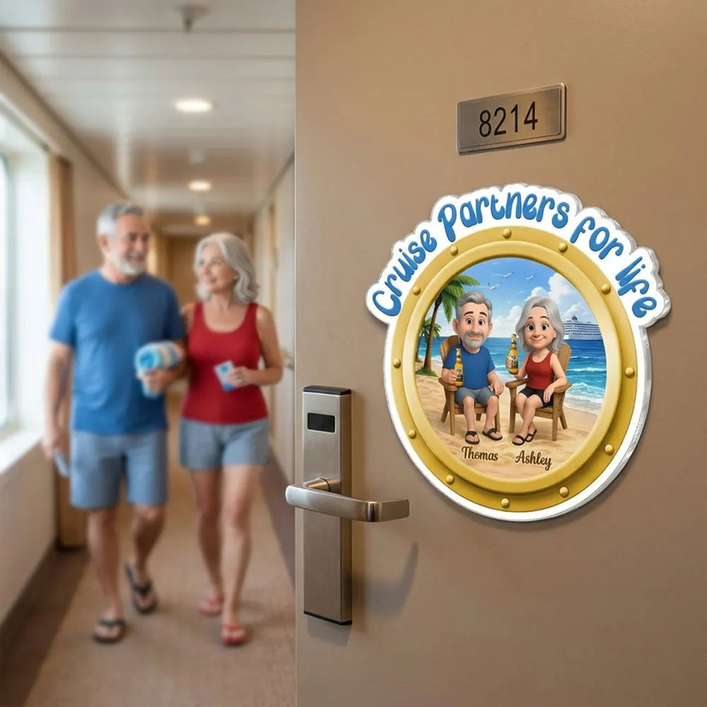 Cruise-Themed Personalized Acrylic Magnet with Beach Cartoon Couple and Ship View, Sweet Unique Gift for Couples