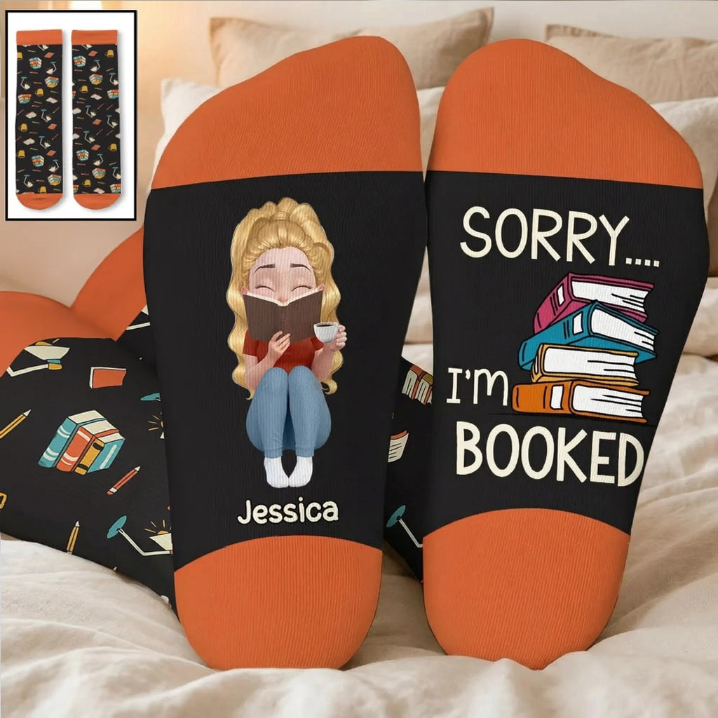 Personalized I am Booked Crew Socks, Funny Book Lover Gift, Cozy Reading Vibes With Vibrant Colors