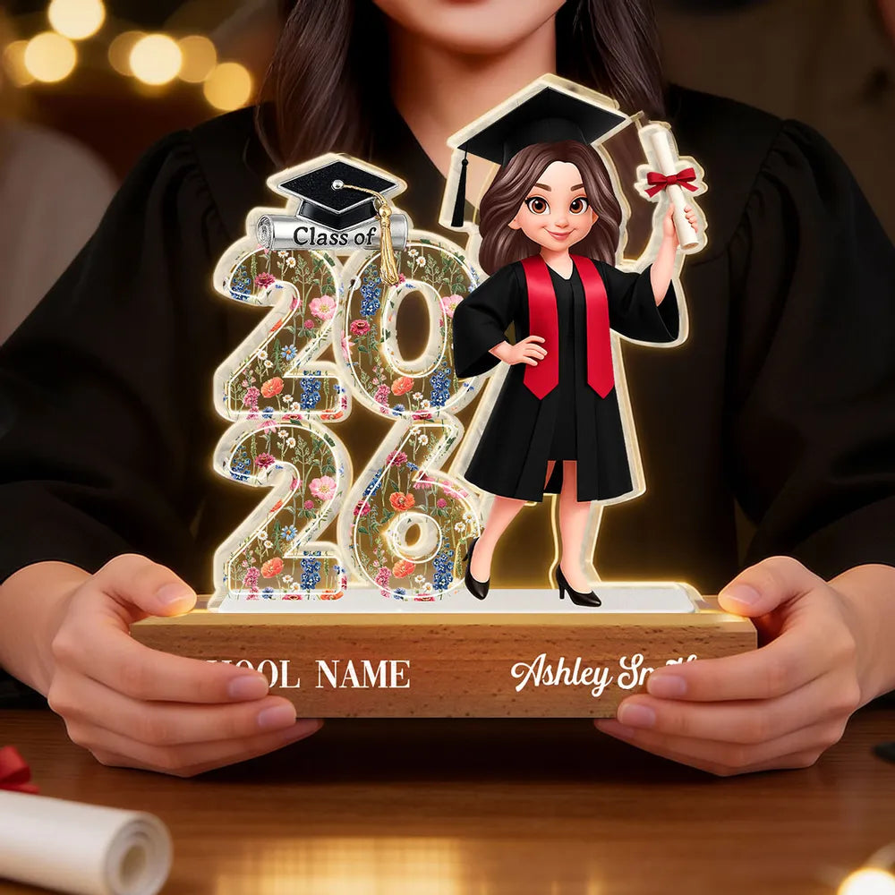 Senior Floral Block LED Light Plaque, Class Of Keepsake with Cap and Diploma Design, Creative Gift for Graduates