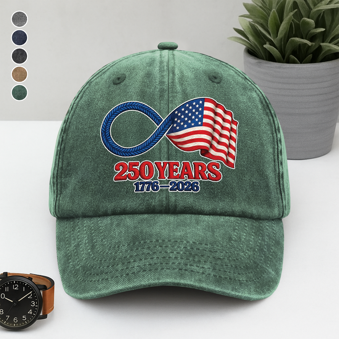 Personalized Washed Denim Baseball Cap with 250 Years Infinity Flag Design, Casual Outdoor Wear, Unique Patriotic Gift