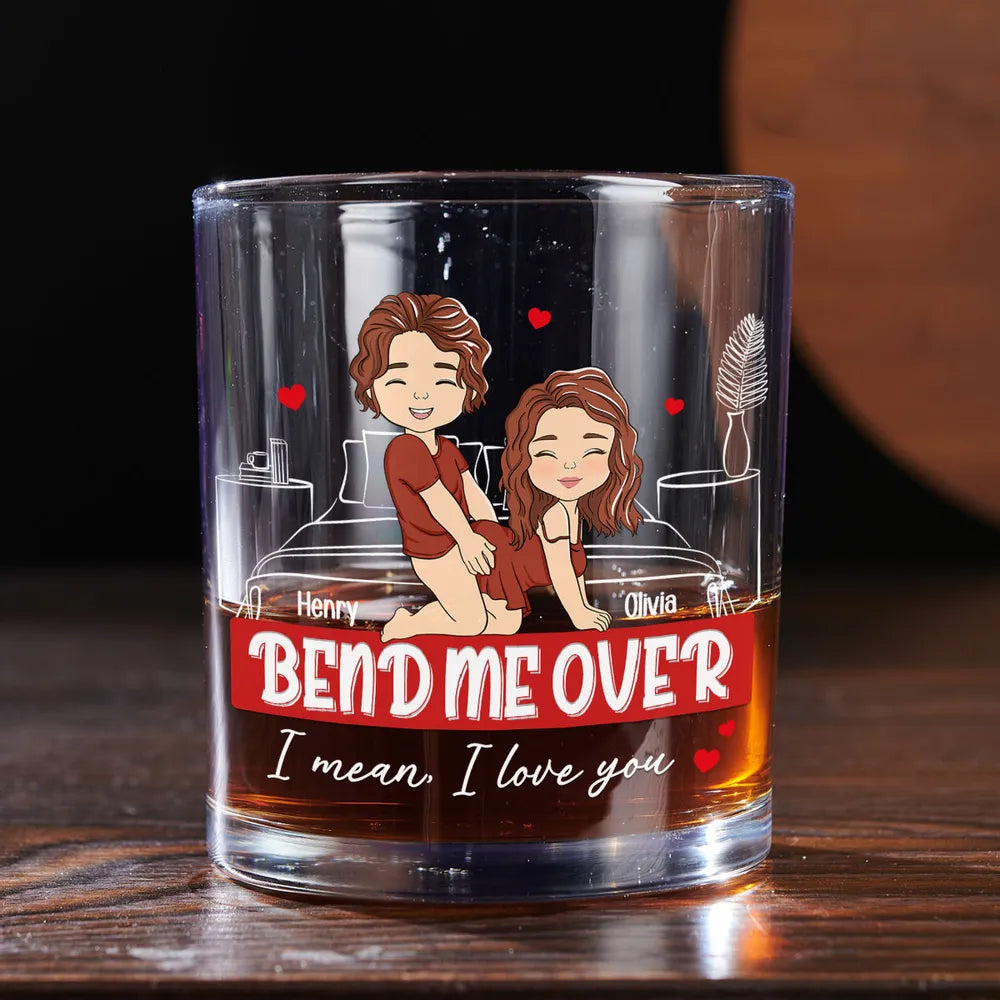 Custom Whiskey Glass with Playful Bedroom Couple Art 'I mean, I love you' Unique Romantic Gift