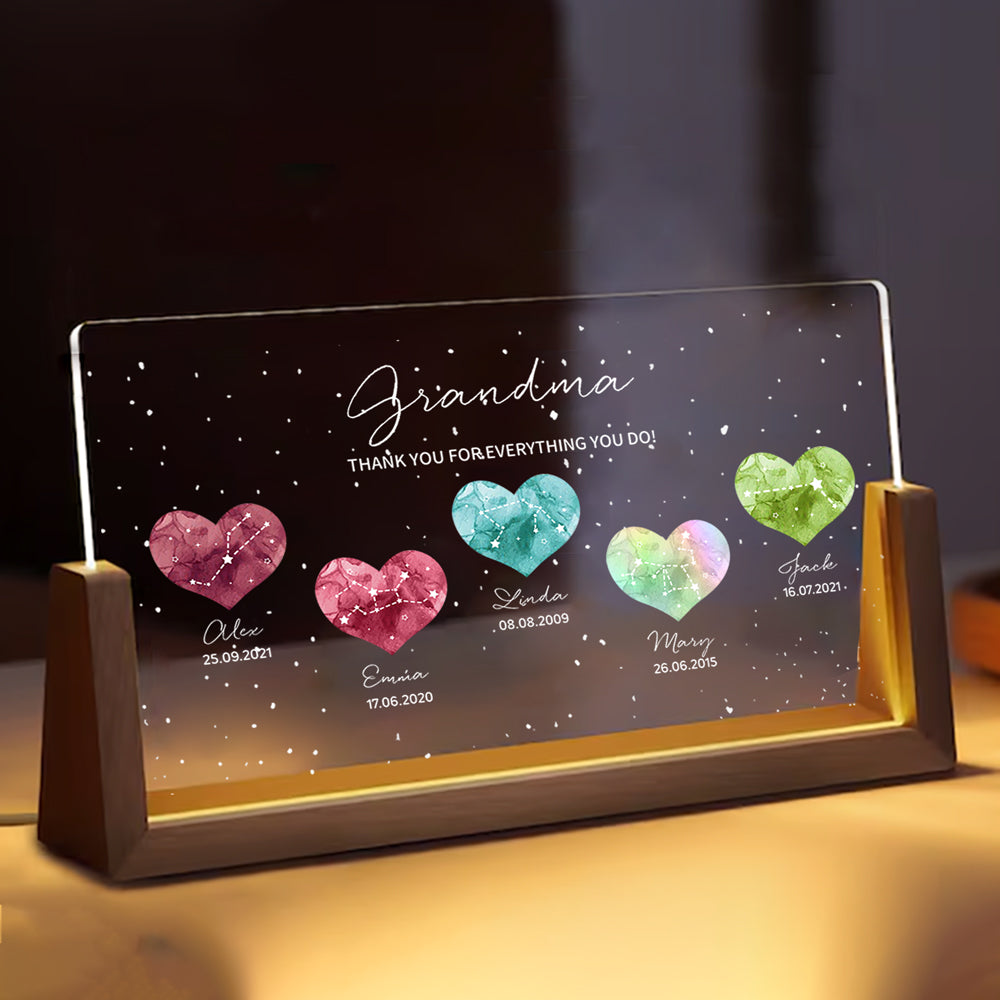Grandma - A Heartfelt Thank You – LED Light Frame with Custom Heart Designs and Family Birthdays – Perfect Personalized Gift for Grandmothers