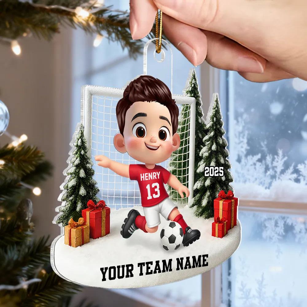 Soccer Kid Acrylic Ornament - Festive Winter Goal Scene, Customizable, Unique Christmas Gift for Young Players & Parents