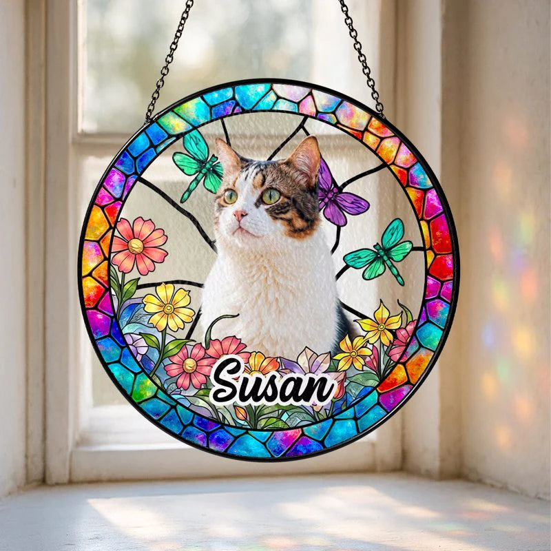 Custom Pet Suncatcher Ornament – Personalized Dog Photo Gift with Floral and Stained Glass Design