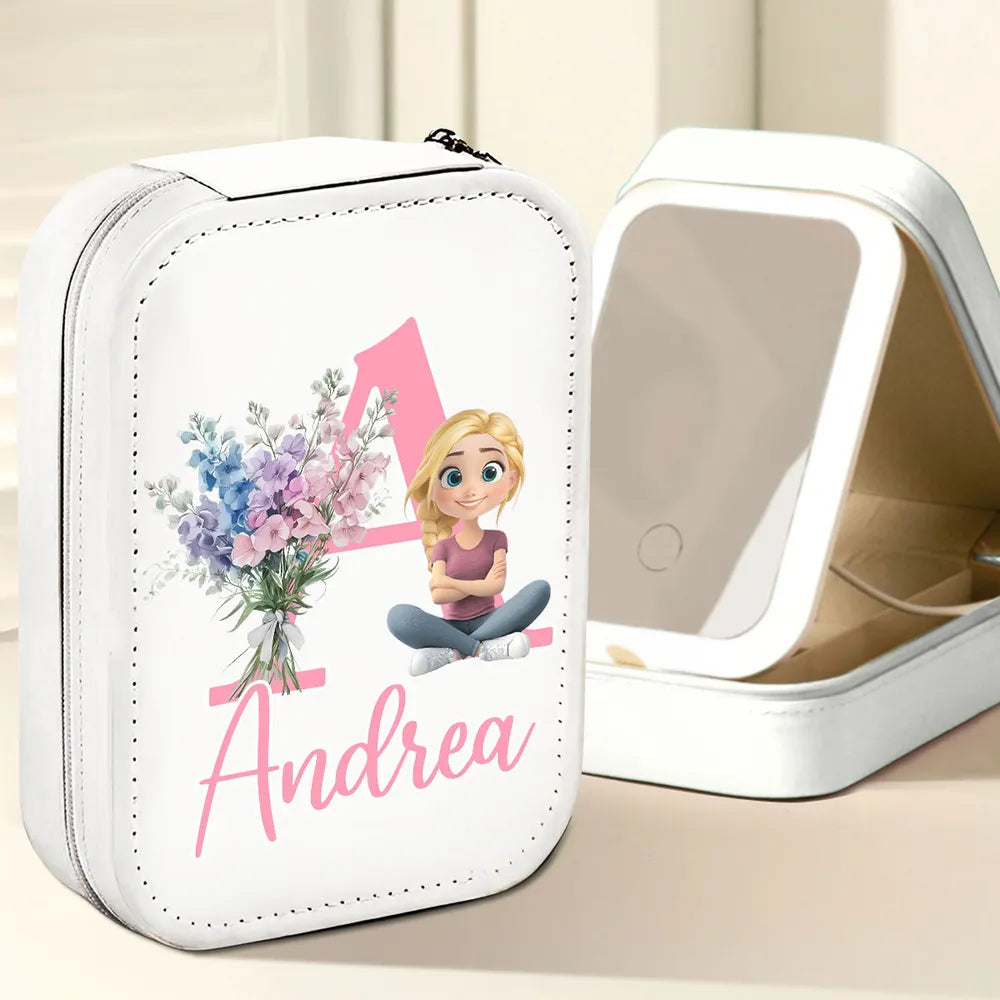 Personalized Leather LED Makeup Case with Cartoon Girl & Florals, Unique Gift for Teens & Daughters
