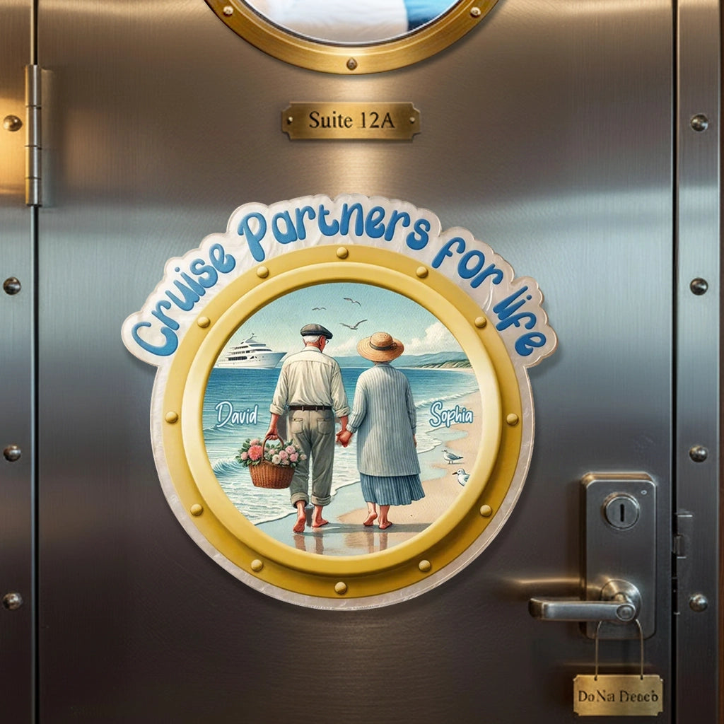 Personalized Acrylic Magnet Cruise Partners for Life, Couple Holding Hands Beach Scene, Unique Cruise Door Gift