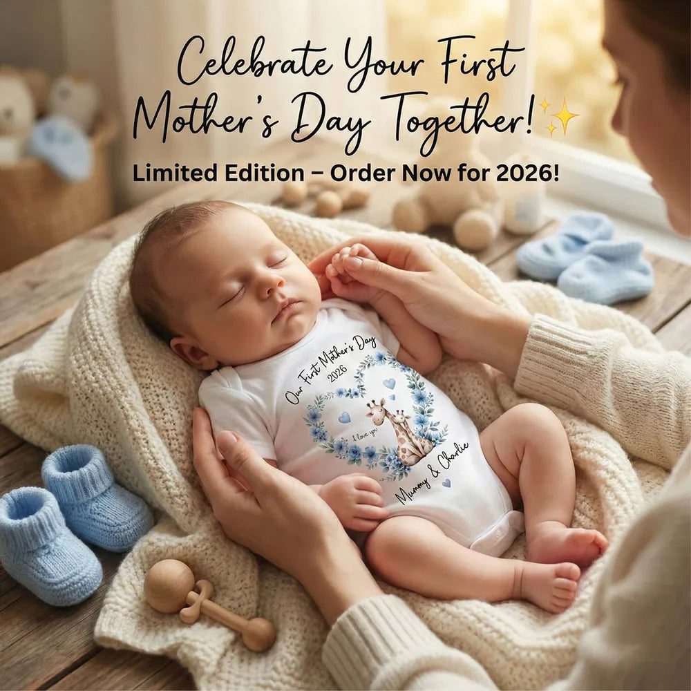 Short Sleeve Baby Onesie Personalized for First Mother's Day, Blue Floral Giraffe Mom and Baby, Sweet Photo-Ready Gift