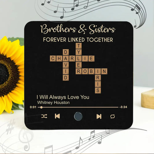 “Brothers & Sisters – Forever Linked” Acrylic Music Magnet – Crossword Names, Custom Song, Gift for Siblings