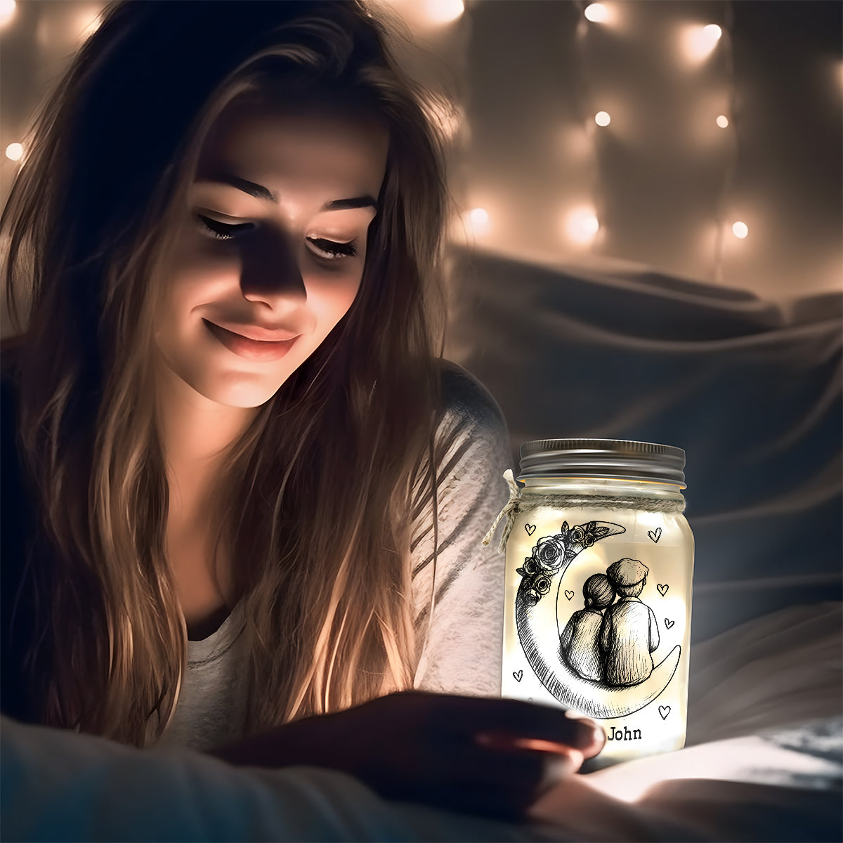 Personalized Glass Mason Jar Light with Moon Couple Design – Romantic I Love You To The Moon And Back Unique Gift