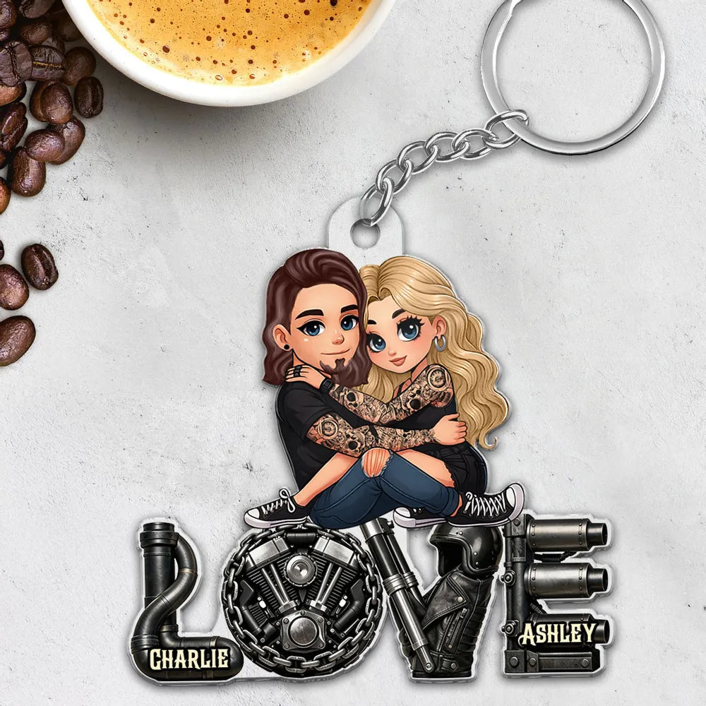 Personalized Biker Couple Acrylic Keychain Cute Cartoon Hugging Riders Cool Accessory Unique Gift for Him or Her