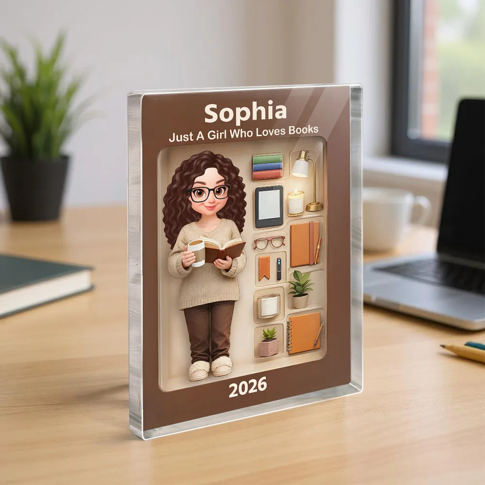 Personalized Rectangle Acrylic Block Plaque Book Lover Character Desk Decor, Cozy Reading Nook Style, Unique Gift for Readers