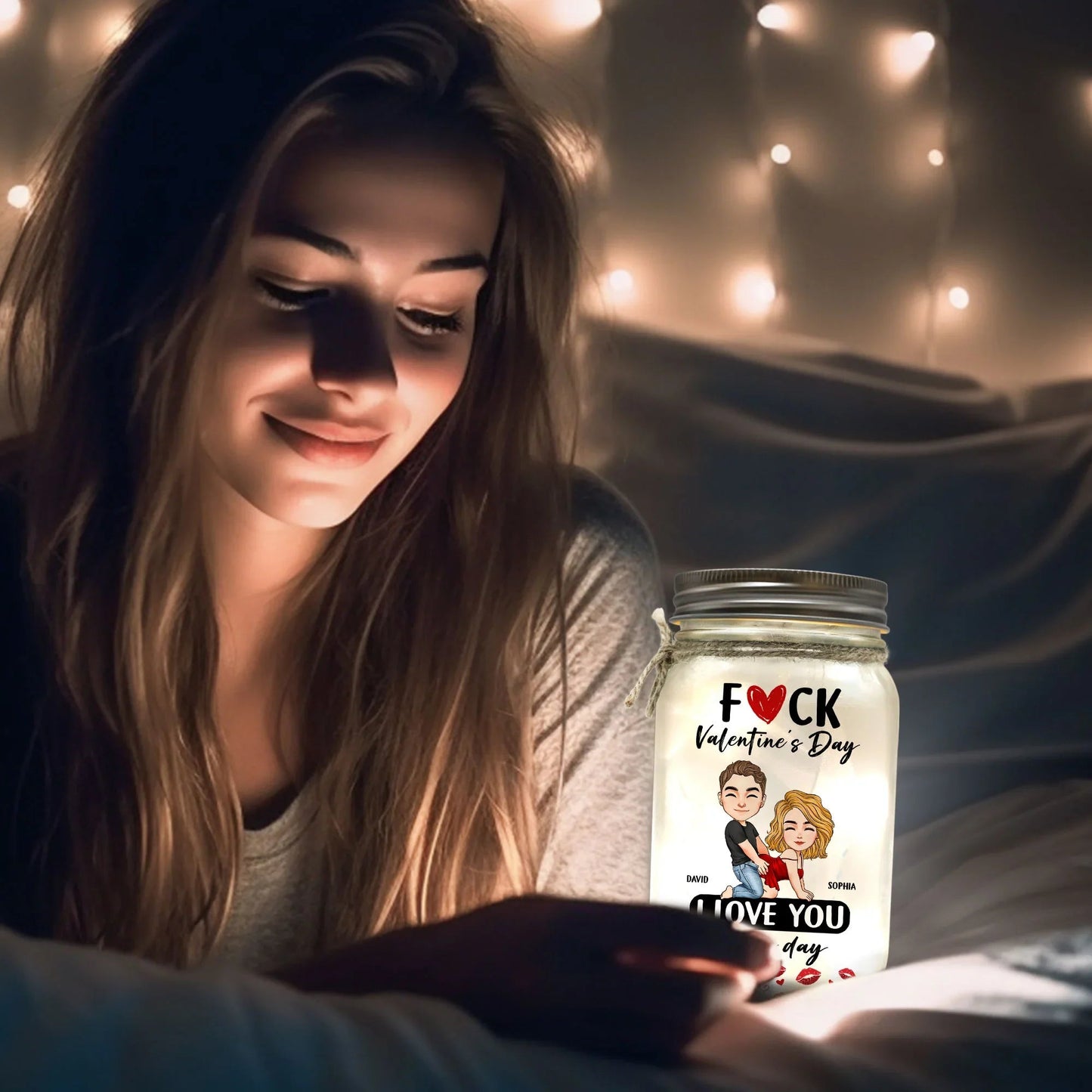 Personalized Glass Mason Jar Light Funny Valentine's Day Couple Cartoon Warm Glow Unique Gift for Girlfriend or Wife