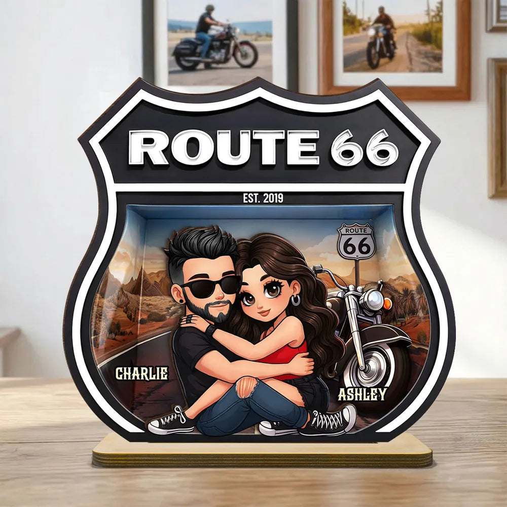 Personalized Route 66 Biker Couple 2-Layer Wooden Plaque for Motorcycle Lovers, Unique Romantic Gift for Couple