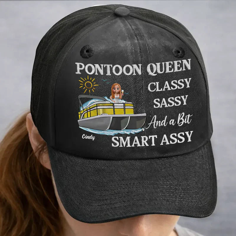 Pontoon Queen Classy Sassy Smart Assy Washed Denim Baseball Cap - Personalized Fun Boat-Day Cap, Easy Everyday Gift