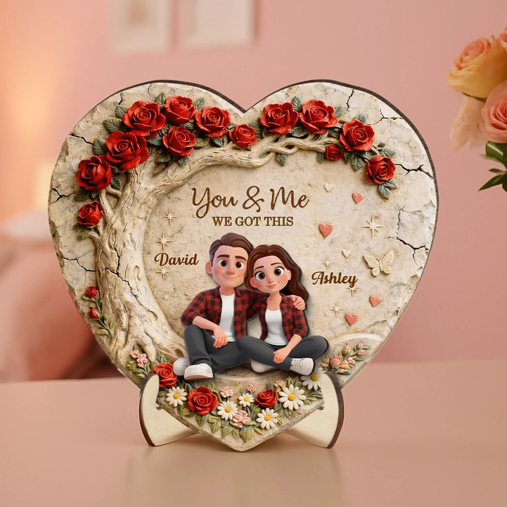 Personalized 2-Layer Wooden Plaque Couple Sitting Together in a Heart Rose Design You & Me Unique Gift for Husband or Wife