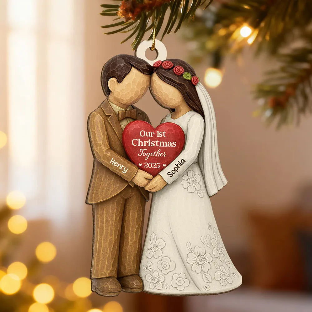 Wooden Ornament Personalized for Newlyweds, Handholding Bride and Groom Christmas Decor, Unique Gift for Couple