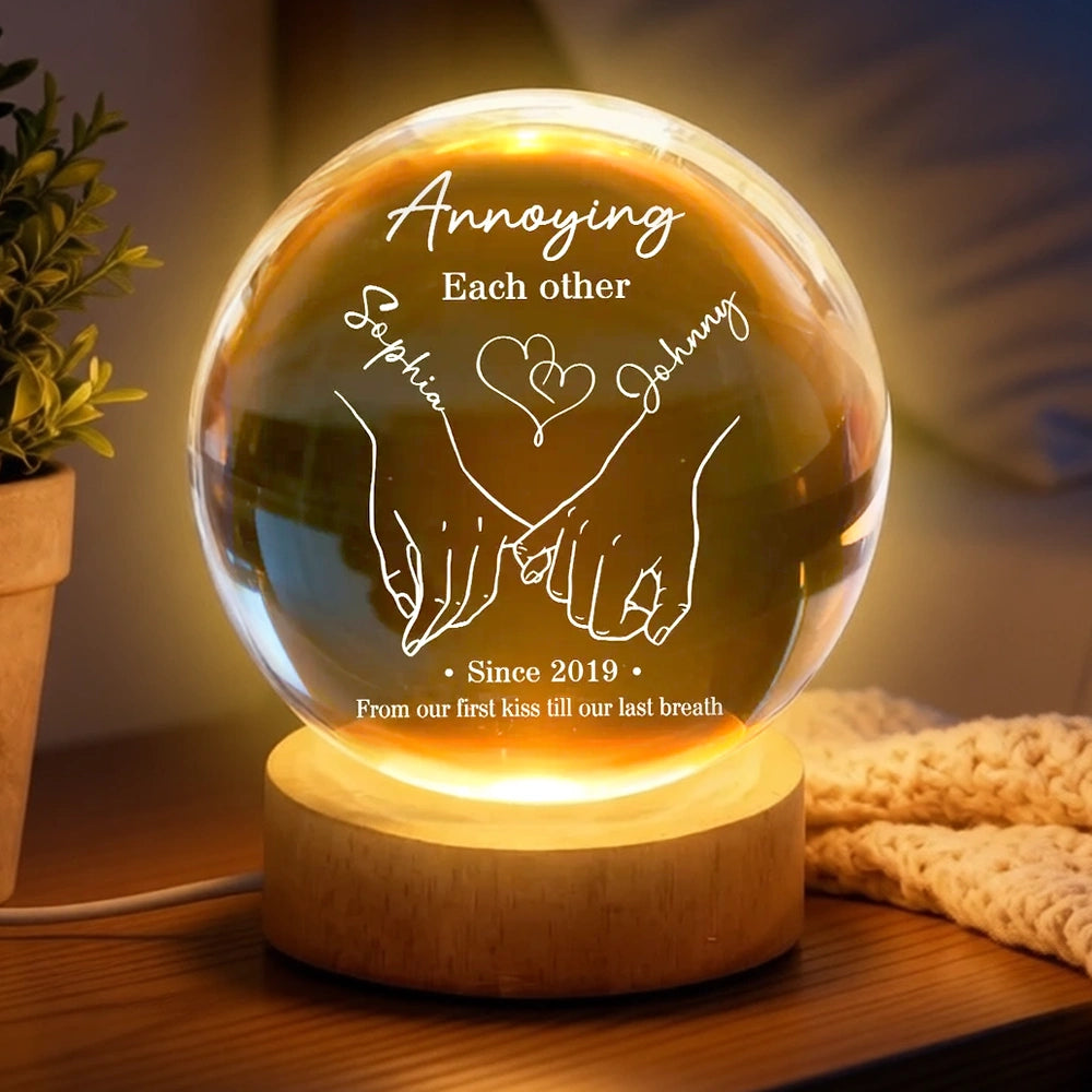 Annoying Each Other Still Going Strong Personalized Crystal Ball LED Night Light, Romantic Warm Glow Holding Hands, Unique Gift for Him or Her