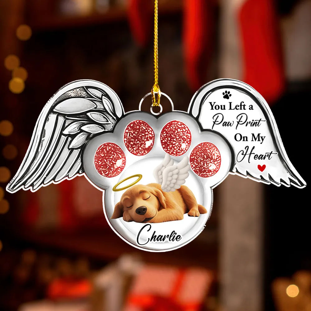 Acrylic Ornament with Angel Wings & Paw Print – Pet Memorial Keepsake for Dog Lovers, heartfelt gift for Christmas and beyond