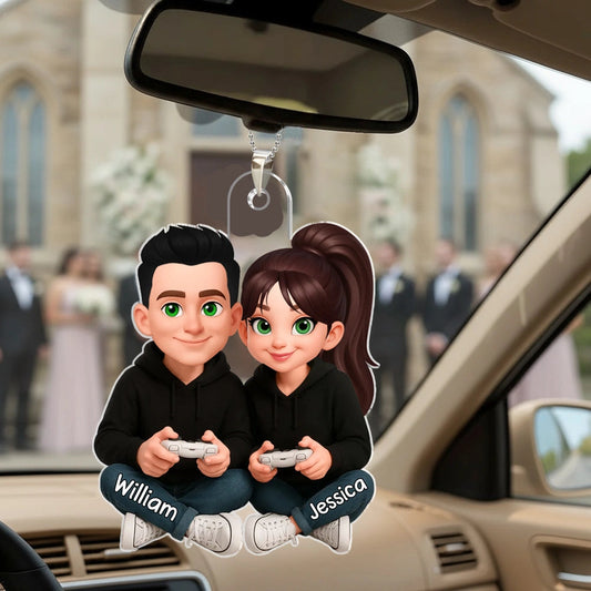 Personalized Acrylic Car Hanger Cute Gamer Couple Cartoon Car Mirror Decor Unique Gift for Couples, Sweet Daily Reminder