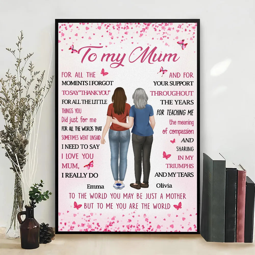 Personalized Mom Quote Poster, Custom Mother Daughter Hugging Wall Art, Pink Butterflies, Unique Gift for Mom